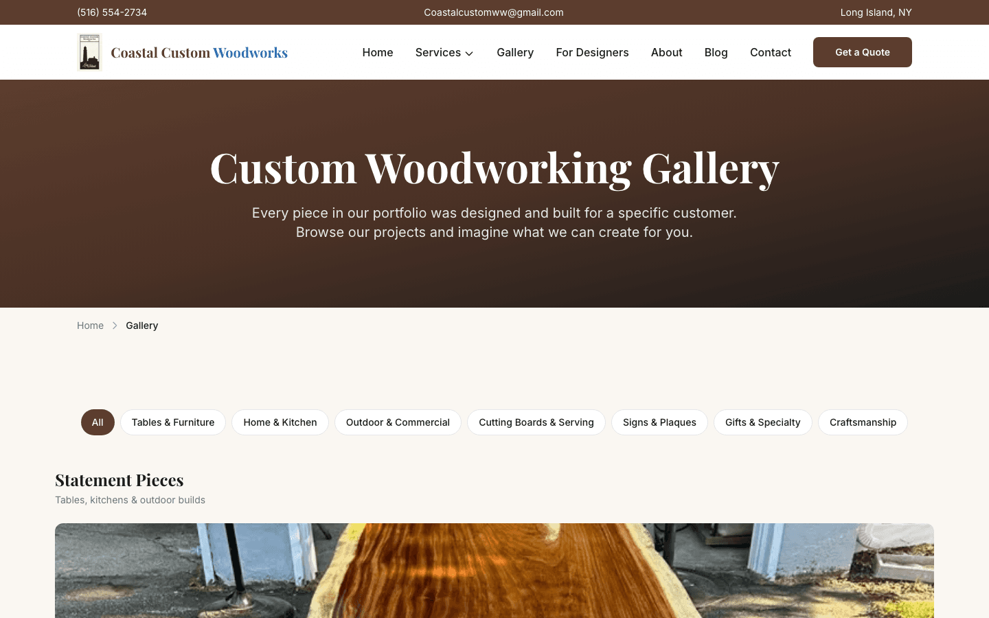 Coastal Custom Woodworks gallery with categorized portfolio