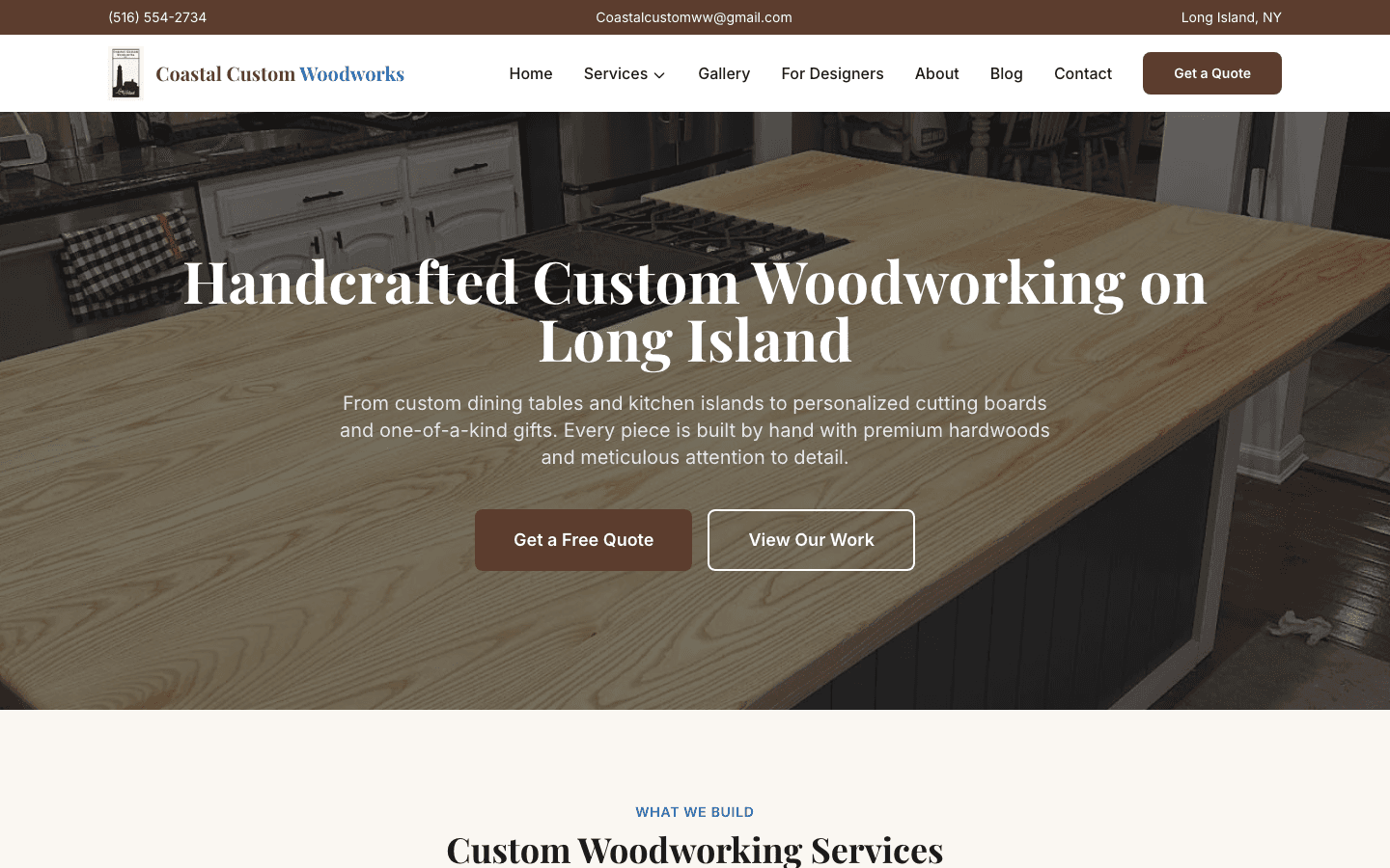Coastal Custom Woodworks homepage — handcrafted woodworking showcase