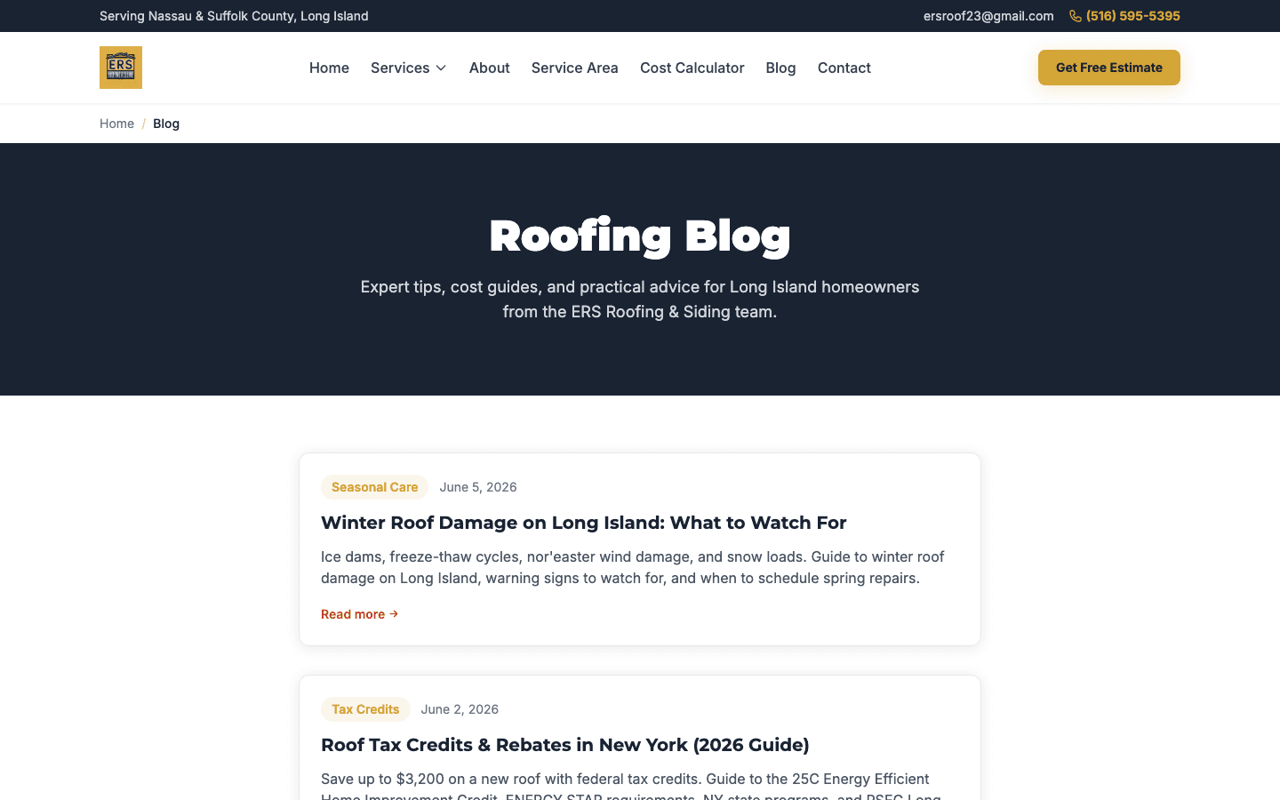 ERS Roofing blog with SEO-optimized articles