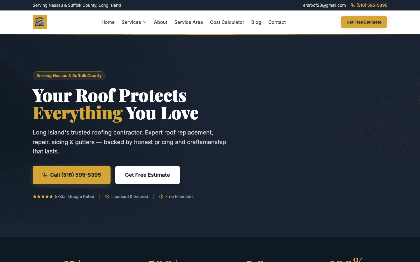 ERS Roofing homepage — hero section with call-to-action